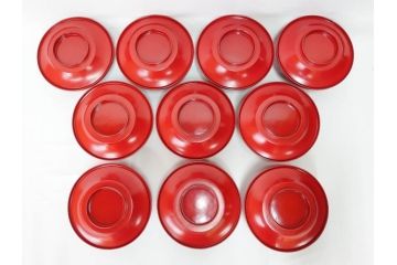 明治期　朱塗　木製椀　艶やかな漆が美しい煮物椀10客セット(漆器、和食器、汁椀、蓋付き、吸物椀、お椀、共箱付き)(R-079688)