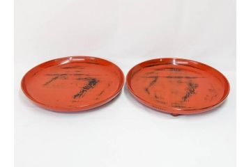 時代物　根来塗　欅(ケヤキ)材　味わい深いお膳2客セット(丸膳、丸盆、木製、朱塗、漆芸、漆器)(R-079693)