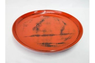 時代物　根来塗　欅(ケヤキ)材　味わい深いお膳2客セット(丸膳、丸盆、木製、朱塗、漆芸、漆器)(R-079693)