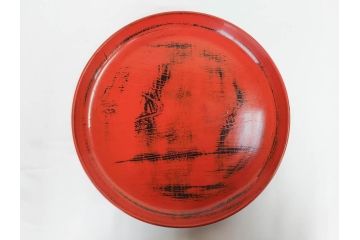 時代物　根来塗　欅(ケヤキ)材　味わい深いお膳2客セット(丸膳、丸盆、木製、朱塗、漆芸、漆器)(R-079693)