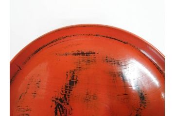 時代物　根来塗　欅(ケヤキ)材　味わい深いお膳2客セット(丸膳、丸盆、木製、朱塗、漆芸、漆器)(R-079693)