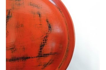 時代物　根来塗　欅(ケヤキ)材　味わい深いお膳2客セット(丸膳、丸盆、木製、朱塗、漆芸、漆器)(R-079693)