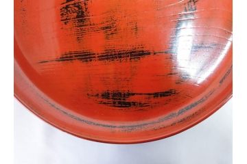 時代物　根来塗　欅(ケヤキ)材　味わい深いお膳2客セット(丸膳、丸盆、木製、朱塗、漆芸、漆器)(R-079693)