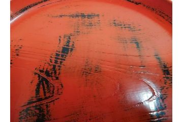 時代物　根来塗　欅(ケヤキ)材　味わい深いお膳2客セット(丸膳、丸盆、木製、朱塗、漆芸、漆器)(R-079693)
