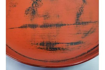 時代物　根来塗　欅(ケヤキ)材　味わい深いお膳2客セット(丸膳、丸盆、木製、朱塗、漆芸、漆器)(R-079693)