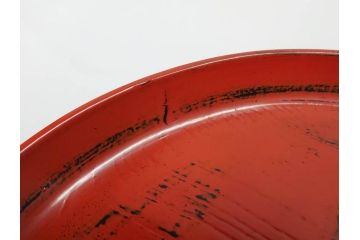 時代物　根来塗　欅(ケヤキ)材　味わい深いお膳2客セット(丸膳、丸盆、木製、朱塗、漆芸、漆器)(R-079693)