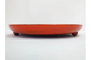 時代物　根来塗　欅(ケヤキ)材　味わい深いお膳2客セット(丸膳、丸盆、木製、朱塗、漆芸、漆器)(R-079693)