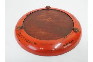 時代物　根来塗　欅(ケヤキ)材　味わい深いお膳2客セット(丸膳、丸盆、木製、朱塗、漆芸、漆器)(R-079693)