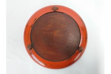 時代物　根来塗　欅(ケヤキ)材　味わい深いお膳2客セット(丸膳、丸盆、木製、朱塗、漆芸、漆器)(R-079693)