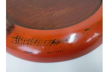 時代物　根来塗　欅(ケヤキ)材　味わい深いお膳2客セット(丸膳、丸盆、木製、朱塗、漆芸、漆器)(R-079693)