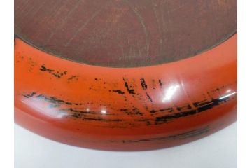 時代物　根来塗　欅(ケヤキ)材　味わい深いお膳2客セット(丸膳、丸盆、木製、朱塗、漆芸、漆器)(R-079693)