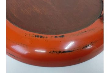 時代物　根来塗　欅(ケヤキ)材　味わい深いお膳2客セット(丸膳、丸盆、木製、朱塗、漆芸、漆器)(R-079693)
