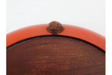 時代物　根来塗　欅(ケヤキ)材　味わい深いお膳2客セット(丸膳、丸盆、木製、朱塗、漆芸、漆器)(R-079693)