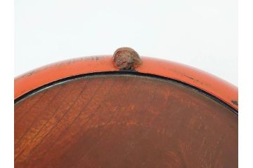 時代物　根来塗　欅(ケヤキ)材　味わい深いお膳2客セット(丸膳、丸盆、木製、朱塗、漆芸、漆器)(R-079693)