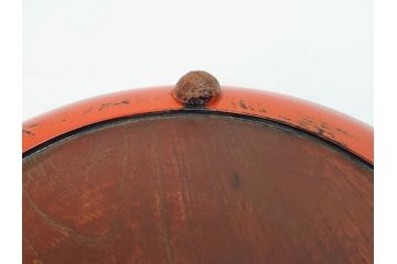 時代物　根来塗　欅(ケヤキ)材　味わい深いお膳2客セット(丸膳、丸盆、木製、朱塗、漆芸、漆器)(R-079693)