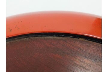 時代物　根来塗　欅(ケヤキ)材　味わい深いお膳2客セット(丸膳、丸盆、木製、朱塗、漆芸、漆器)(R-079693)
