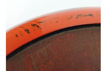 時代物　根来塗　欅(ケヤキ)材　味わい深いお膳2客セット(丸膳、丸盆、木製、朱塗、漆芸、漆器)(R-079693)