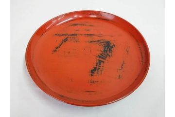 時代物　根来塗　欅(ケヤキ)材　味わい深いお膳2客セット(丸膳、丸盆、木製、朱塗、漆芸、漆器)(R-079693)