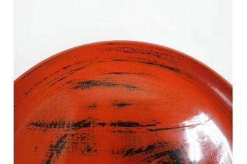 時代物　根来塗　欅(ケヤキ)材　味わい深いお膳2客セット(丸膳、丸盆、木製、朱塗、漆芸、漆器)(R-079693)