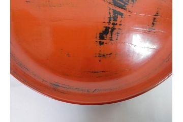 時代物　根来塗　欅(ケヤキ)材　味わい深いお膳2客セット(丸膳、丸盆、木製、朱塗、漆芸、漆器)(R-079693)