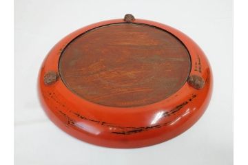 時代物　根来塗　欅(ケヤキ)材　味わい深いお膳2客セット(丸膳、丸盆、木製、朱塗、漆芸、漆器)(R-079693)