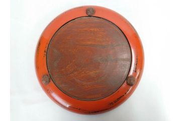 時代物　根来塗　欅(ケヤキ)材　味わい深いお膳2客セット(丸膳、丸盆、木製、朱塗、漆芸、漆器)(R-079693)
