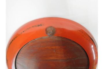 時代物　根来塗　欅(ケヤキ)材　味わい深いお膳2客セット(丸膳、丸盆、木製、朱塗、漆芸、漆器)(R-079693)