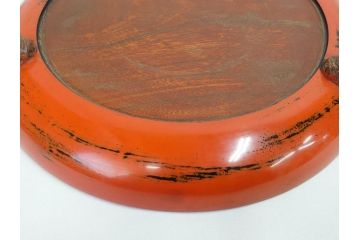 時代物　根来塗　欅(ケヤキ)材　味わい深いお膳2客セット(丸膳、丸盆、木製、朱塗、漆芸、漆器)(R-079693)