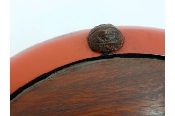 時代物　根来塗　欅(ケヤキ)材　味わい深いお膳2客セット(丸膳、丸盆、木製、朱塗、漆芸、漆器)(R-079693)