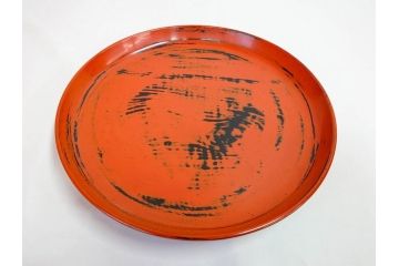 時代物　根来塗　欅(ケヤキ)材　使うほどに味が出てくるお膳3客セット(丸膳、丸盆、木製、朱塗、漆芸、漆器)(R-079694)