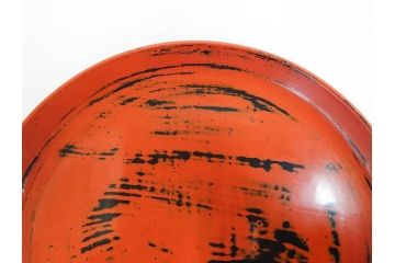 時代物　根来塗　欅(ケヤキ)材　使うほどに味が出てくるお膳3客セット(丸膳、丸盆、木製、朱塗、漆芸、漆器)(R-079694)