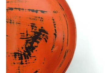 時代物　根来塗　欅(ケヤキ)材　使うほどに味が出てくるお膳3客セット(丸膳、丸盆、木製、朱塗、漆芸、漆器)(R-079694)