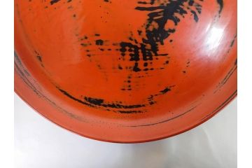 時代物　根来塗　欅(ケヤキ)材　使うほどに味が出てくるお膳3客セット(丸膳、丸盆、木製、朱塗、漆芸、漆器)(R-079694)