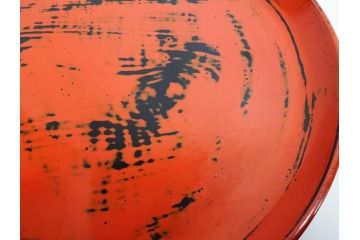 時代物　根来塗　欅(ケヤキ)材　使うほどに味が出てくるお膳3客セット(丸膳、丸盆、木製、朱塗、漆芸、漆器)(R-079694)