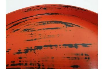 時代物　根来塗　欅(ケヤキ)材　使うほどに味が出てくるお膳3客セット(丸膳、丸盆、木製、朱塗、漆芸、漆器)(R-079694)