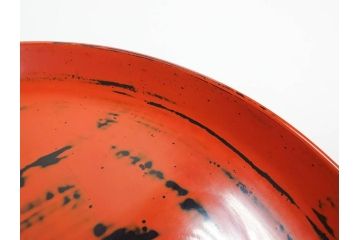 時代物　根来塗　欅(ケヤキ)材　使うほどに味が出てくるお膳3客セット(丸膳、丸盆、木製、朱塗、漆芸、漆器)(R-079694)