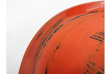 時代物　根来塗　欅(ケヤキ)材　使うほどに味が出てくるお膳3客セット(丸膳、丸盆、木製、朱塗、漆芸、漆器)(R-079694)