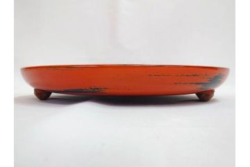 時代物　根来塗　欅(ケヤキ)材　使うほどに味が出てくるお膳3客セット(丸膳、丸盆、木製、朱塗、漆芸、漆器)(R-079694)