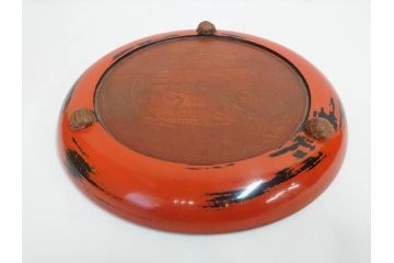 時代物　根来塗　欅(ケヤキ)材　使うほどに味が出てくるお膳3客セット(丸膳、丸盆、木製、朱塗、漆芸、漆器)(R-079694)