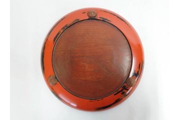 時代物　根来塗　欅(ケヤキ)材　使うほどに味が出てくるお膳3客セット(丸膳、丸盆、木製、朱塗、漆芸、漆器)(R-079694)