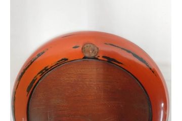 時代物　根来塗　欅(ケヤキ)材　使うほどに味が出てくるお膳3客セット(丸膳、丸盆、木製、朱塗、漆芸、漆器)(R-079694)