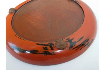 時代物　根来塗　欅(ケヤキ)材　使うほどに味が出てくるお膳3客セット(丸膳、丸盆、木製、朱塗、漆芸、漆器)(R-079694)