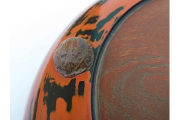 時代物　根来塗　欅(ケヤキ)材　使うほどに味が出てくるお膳3客セット(丸膳、丸盆、木製、朱塗、漆芸、漆器)(R-079694)
