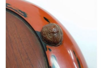 時代物　根来塗　欅(ケヤキ)材　使うほどに味が出てくるお膳3客セット(丸膳、丸盆、木製、朱塗、漆芸、漆器)(R-079694)