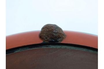 時代物　根来塗　欅(ケヤキ)材　使うほどに味が出てくるお膳3客セット(丸膳、丸盆、木製、朱塗、漆芸、漆器)(R-079694)