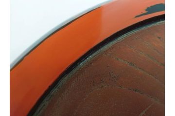 時代物　根来塗　欅(ケヤキ)材　使うほどに味が出てくるお膳3客セット(丸膳、丸盆、木製、朱塗、漆芸、漆器)(R-079694)