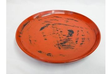 時代物　根来塗　欅(ケヤキ)材　使うほどに味が出てくるお膳3客セット(丸膳、丸盆、木製、朱塗、漆芸、漆器)(R-079694)