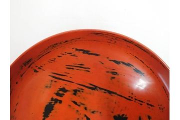 時代物　根来塗　欅(ケヤキ)材　使うほどに味が出てくるお膳3客セット(丸膳、丸盆、木製、朱塗、漆芸、漆器)(R-079694)