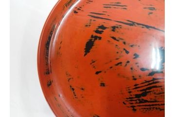 時代物　根来塗　欅(ケヤキ)材　使うほどに味が出てくるお膳3客セット(丸膳、丸盆、木製、朱塗、漆芸、漆器)(R-079694)