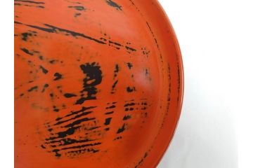 時代物　根来塗　欅(ケヤキ)材　使うほどに味が出てくるお膳3客セット(丸膳、丸盆、木製、朱塗、漆芸、漆器)(R-079694)